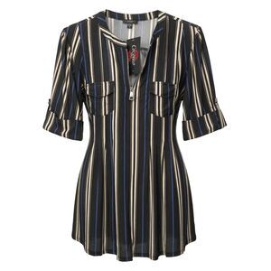 Cocomo Women's Plus Size 2X Black Multi Stripe Print Pintuck Short Sleeve Top
